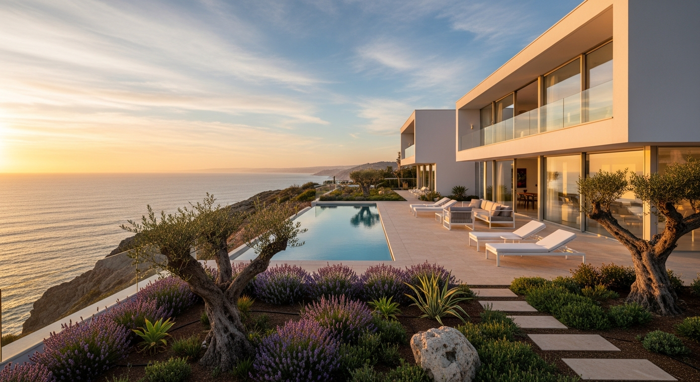 AI_IMAGE: A contemporary white-rendered villa with floor-to-ceiling glass walls perched on a rocky Cascais clifftop overlooking the Atlantic at golden hour, infinity pool reflecting amber sky, landscaped Mediterranean garden with mature olive trees, warm stone terrace with minimal outdoor furniture | photorealistic | landscape
