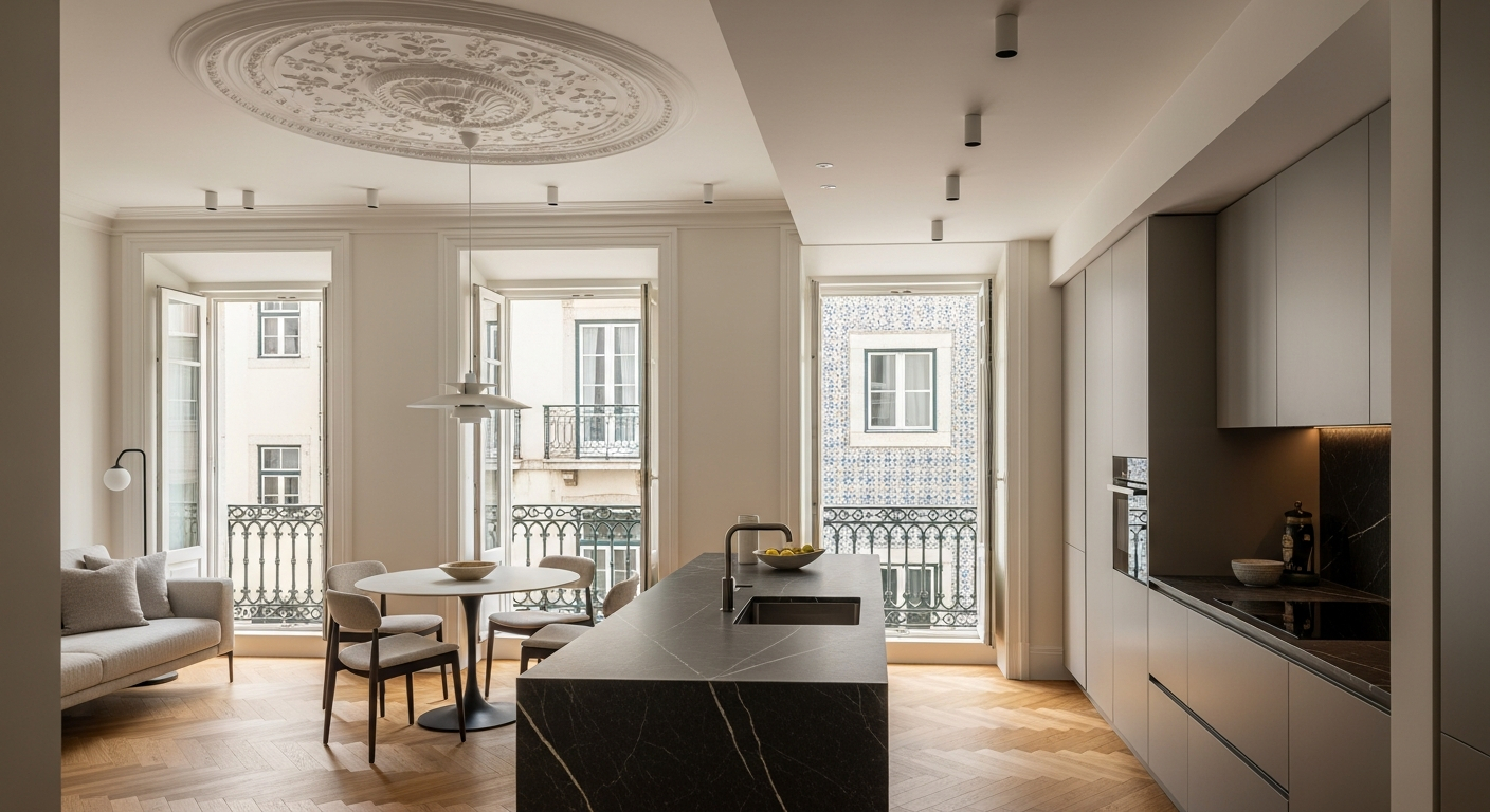 AI_IMAGE: A luxuriously renovated apartment interior in Lisbon's Chiado district, herringbone oak floors, original ornate plaster ceiling medallion preserved and restored, contemporary kitchen island in dark stone, tall sash windows with wrought-iron Juliet balcony overlooking a classic Lisbon tiled facade across the street, warm natural light | photorealistic | landscape