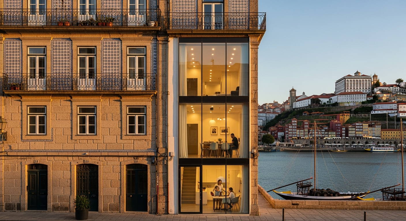 AI_IMAGE: A narrow four-storey Porto townhouse in the Ribeira district with a traditional granite and azulejo-tiled facade, ground floor modern glass insertion revealing a contemporary interior, Douro River and Vila Nova de Gaia port lodges visible in the background, late afternoon golden light | photorealistic | landscape