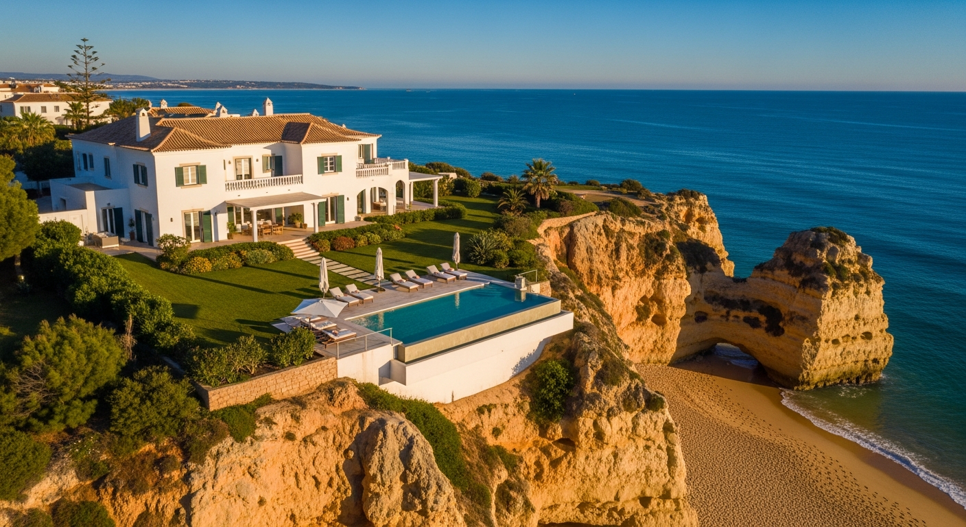 AI_IMAGE: Aerial view of a luxury whitewashed villa perched on golden cliffs above turquoise Atlantic waters in the Algarve region of Portugal, late afternoon sun casting long warm shadows across manicured gardens and a cantilevered infinity pool. Clean cinematic composition with rich cobalt sky and amber stone tones. | photorealistic | landscape