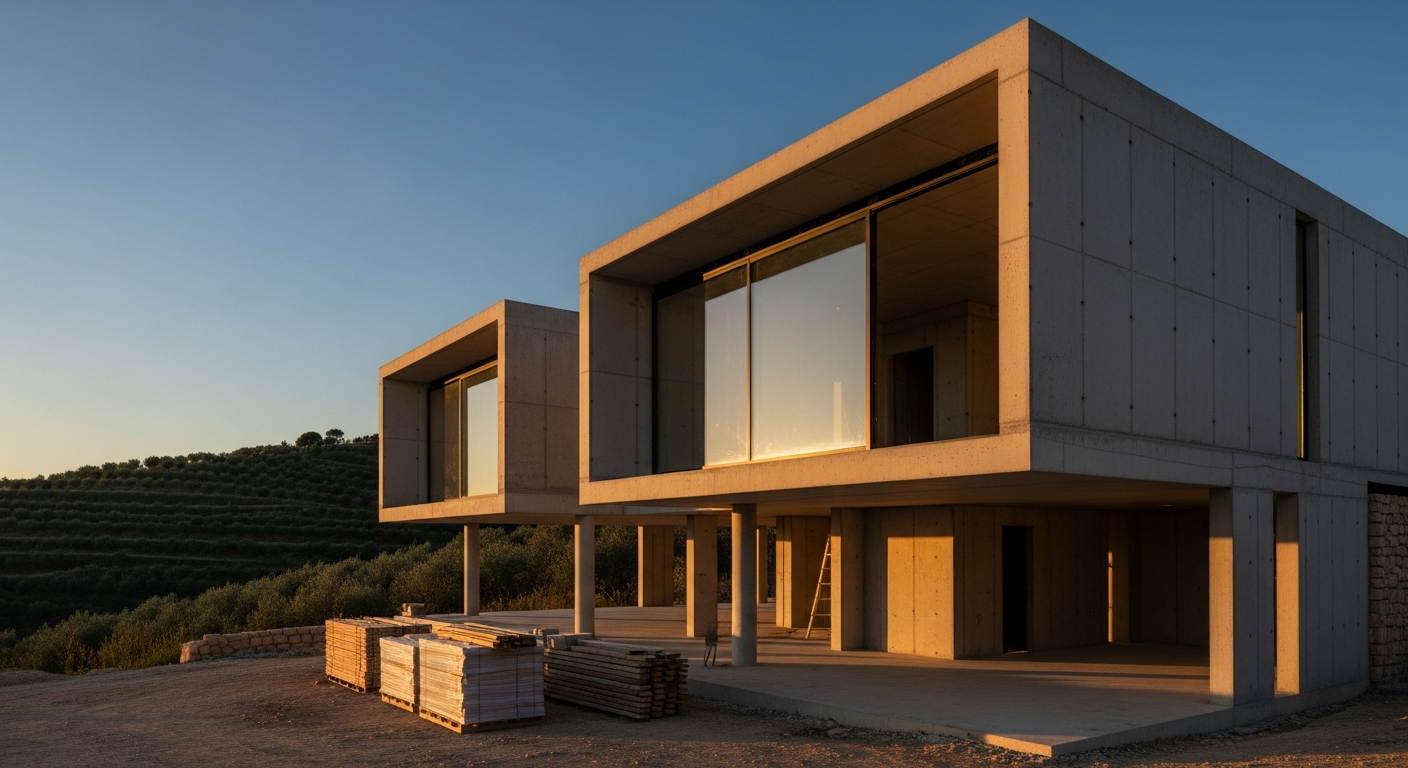 AI_IMAGE: A contemporary minimalist Portuguese villa under construction at golden hour — exposed concrete frame, clean geometric lines, floor-to-ceiling glazing partially installed with views to terraced olive groves, warm stone and timber materials stacked neatly in foreground, deep cobalt sky fading to amber at horizon. | photorealistic | landscape