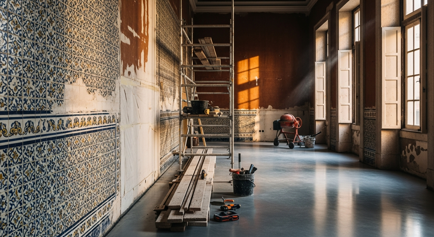 AI_IMAGE: Interior of a luxury Portuguese townhouse mid-renovation — original azulejo tile wall partially restored on the left, contemporary polished concrete floor being laid on the right, natural light streaming through tall shuttered windows, scaffolding and precision tools neatly arranged, warm amber and deep cobalt shadow tones. | photorealistic | landscape