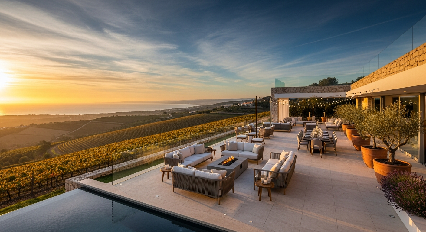 AI_IMAGE: A stunning panoramic view from the terrace of a modern Portuguese hilltop estate at sunset — the property is impeccably staged with designer outdoor furniture, ambient lighting beginning to glow, rolling vineyards descending toward the Atlantic coast in the distance, warm gold and deep cobalt sky tones. | photorealistic | landscape