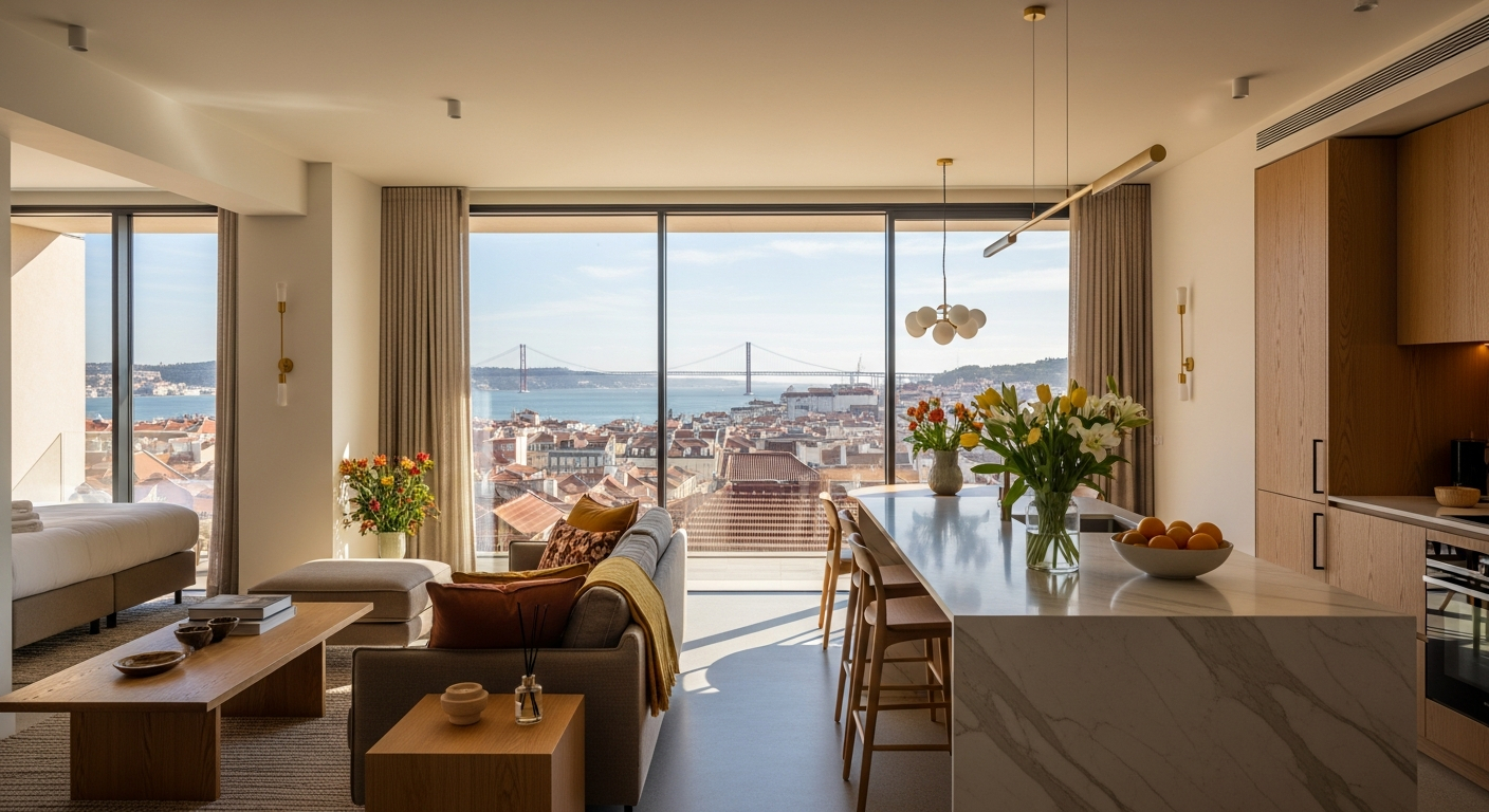 AI_IMAGE: A sunlit contemporary Portuguese apartment interior — floor-to-ceiling windows revealing Lisbon rooftops and the Tagus river, minimalist furnishings in warm linen and oak, fresh flowers on a marble kitchen island, the space immaculately staged for a high-end rental guest arrival. Deep warm tones with golden accents. | photorealistic | landscape