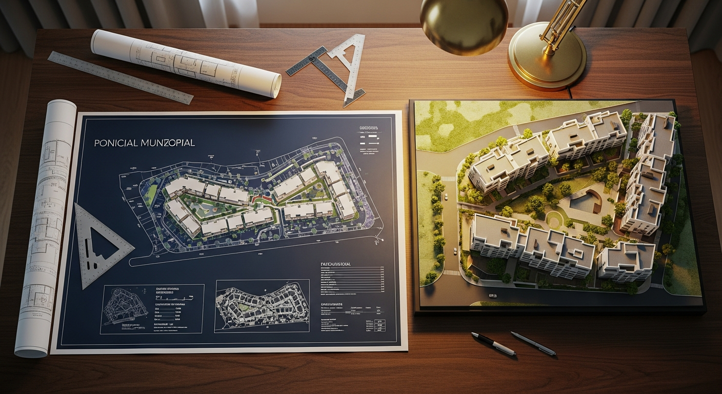 AI_IMAGE: Overhead architectural blueprint spread across a dark walnut desk with a scale model of a contemporary Portuguese residential development beside it, warm desk lamp casting golden light, details of municipal zoning maps visible, deep navy and cream tones. | photorealistic | landscape
